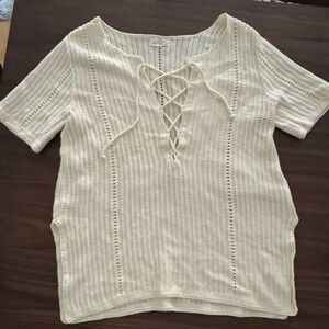Anthropologie Cream Ribbed Tie Front Blouse